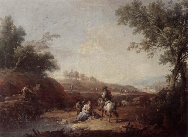 Giuseppe Zais An italianate landscape with fishermen and travellers resting beside a pool Norge oil painting art
